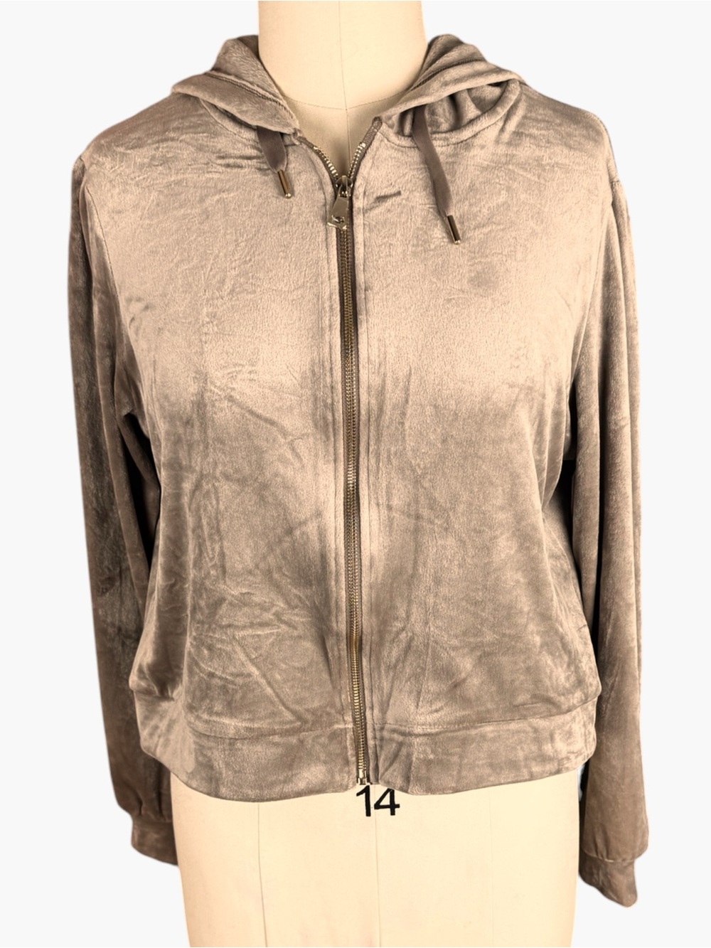 Magaschoni Womens XL Velour Hoodie Taupe Full Zip Plush Soft Jacket Stretch